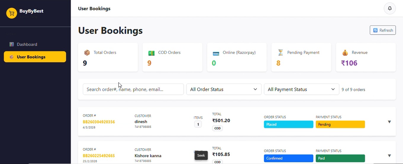 BuyByBest user bookings overview